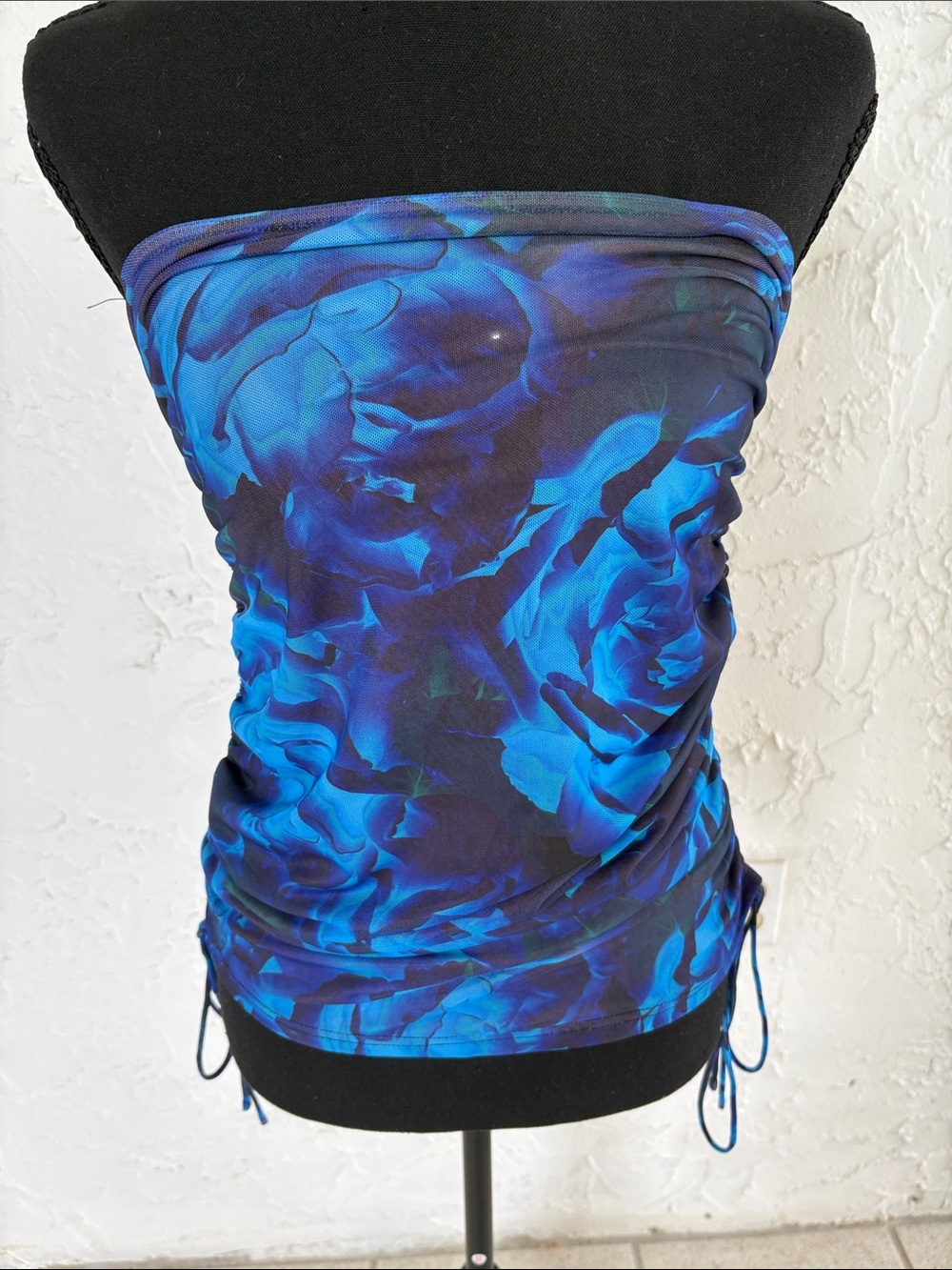White Fox Boutique Blue Floral Strapless Ruched Tank Top